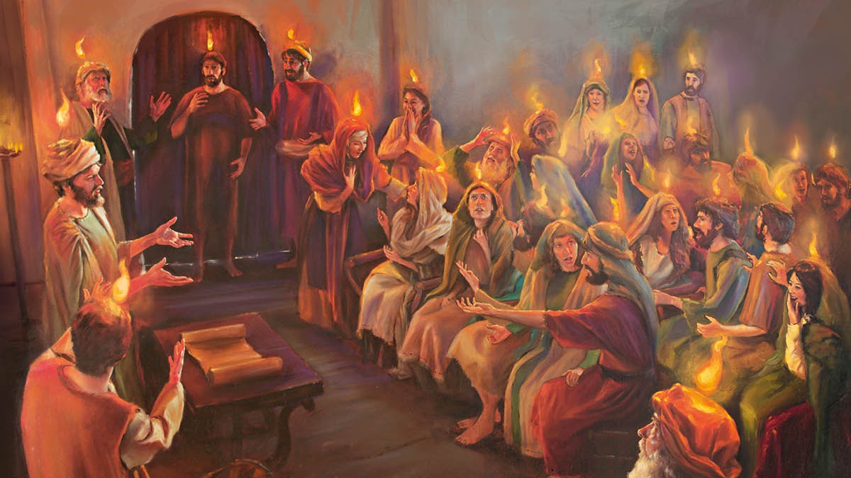 ‘Tongues as if of fire’ appearing above the heads of a group of about 120 disciples and ‘they become filled with holy spirit.’