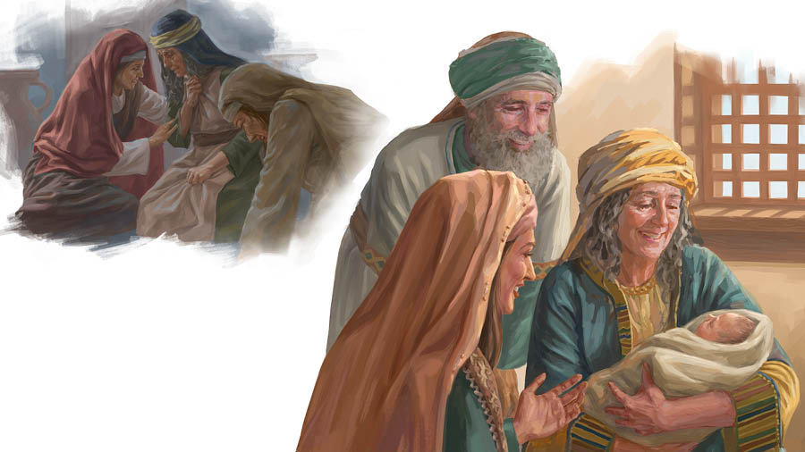 Collage: 1. Naomi grieves over the loss of her two sons while Ruth and Orpah grieve alongside her. 2. Naomi holds Obed in her arms as Ruth and Boaz rejoice with her.