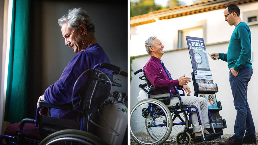 Collage: 1. A discouraged brother sits in a wheelchair and breathes with the help of an oxygen tank. 2. The brother happily talks to a man while cart witnessing.