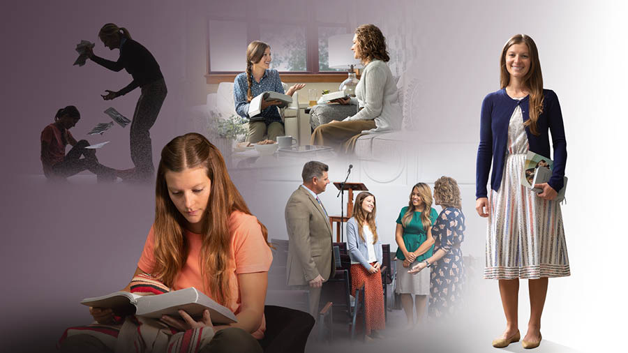 A sister who is portraying Georgina standing and smiling. Collage: 1. She sits on the floor while her mother yells at her and tears up her literature. 2. She reads the Bible. 3. She and another sister study the Bible together. 4. She talks with brothers and sisters at the Kingdom Hall.