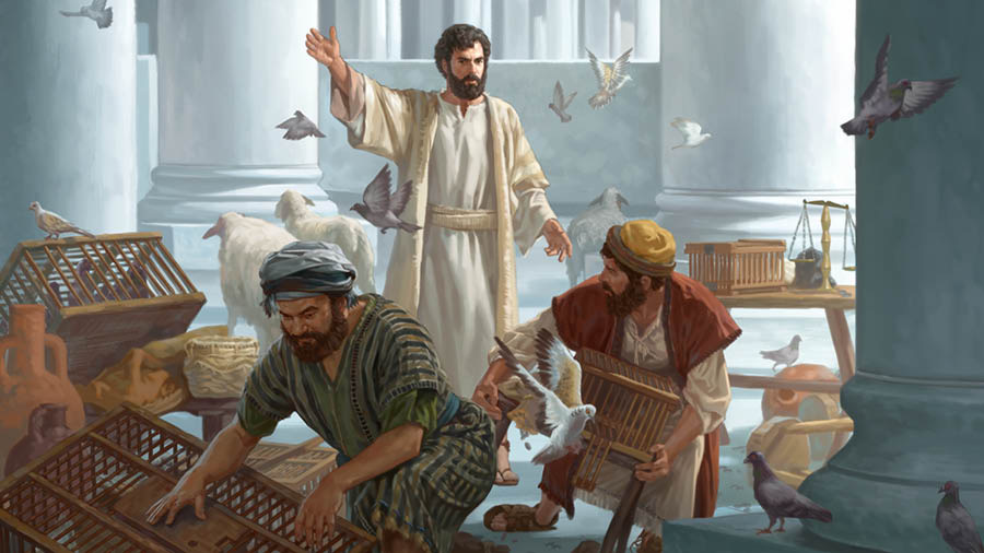 Jesus driving merchants out of the temple. They scramble with their animals and wares to get out of the way.