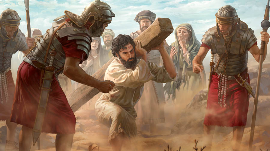 Jesus carrying his torture stake under pressure from Roman soldiers and in front of many onlookers.