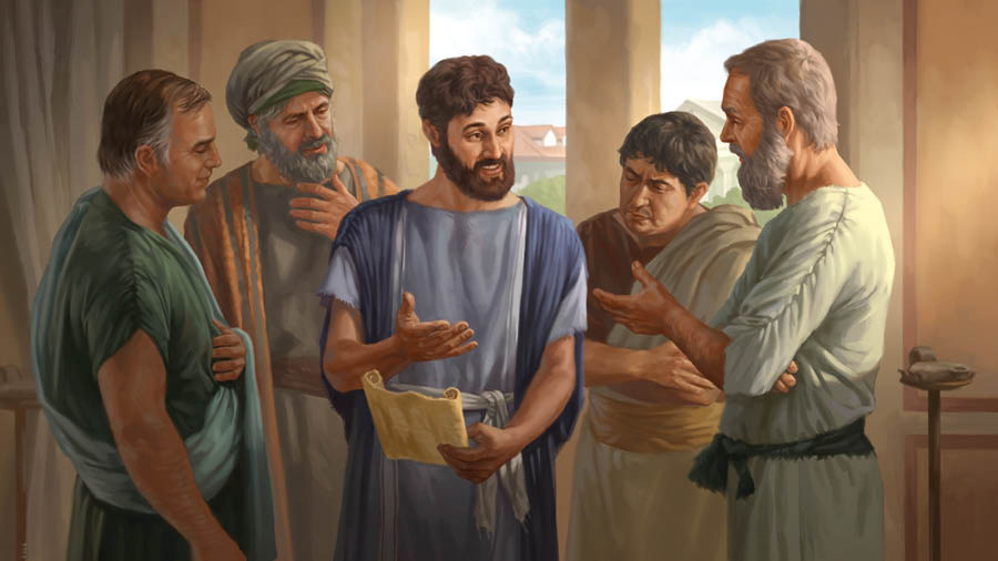 Timothy holding a scroll as he talks to several older men.
