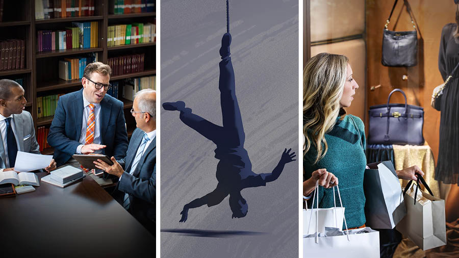 Collage: 1. A brother pridefully rejects counsel from two elders. 2. A man caught in a snare hangs helplessly upside down. 3. A sister carrying shopping bags looks longingly at a store window.
