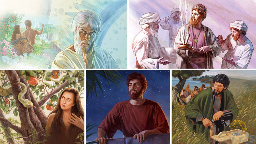 Collage: Examples of pride and greed. Satan, King Uzziah, Eve, King David, and Judas Iscariot. The scenes are repeated in this article in paragraphs 4, 7, 9, 10, and 12.