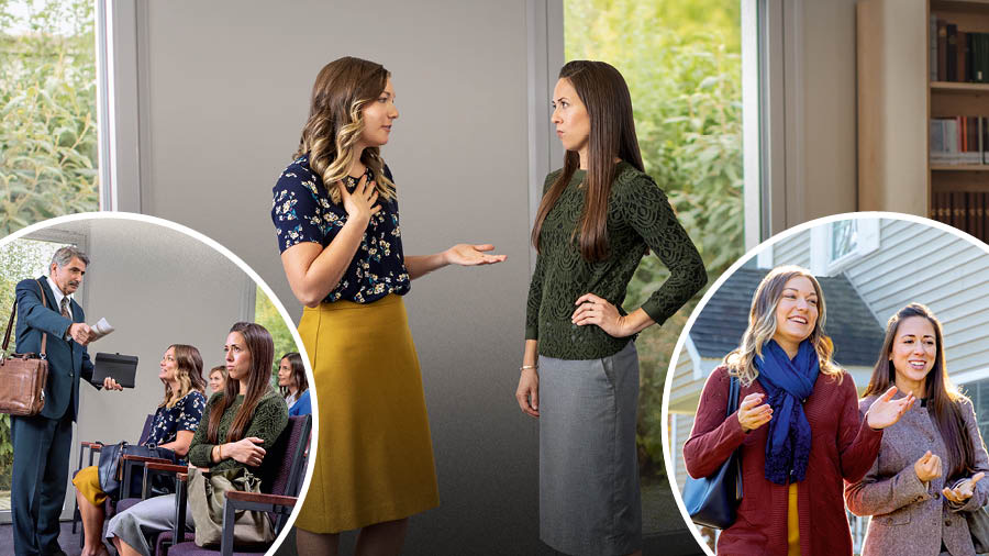 A sister at the Kingdom Hall privately talking with another sister who is upset with her. Collage: 1. At a meeting for service at the Kingdom Hall, the conductor pairs the two sisters together. One of the sisters frowns. 2. The two sisters enjoy each other’s company as they work together in the ministry.