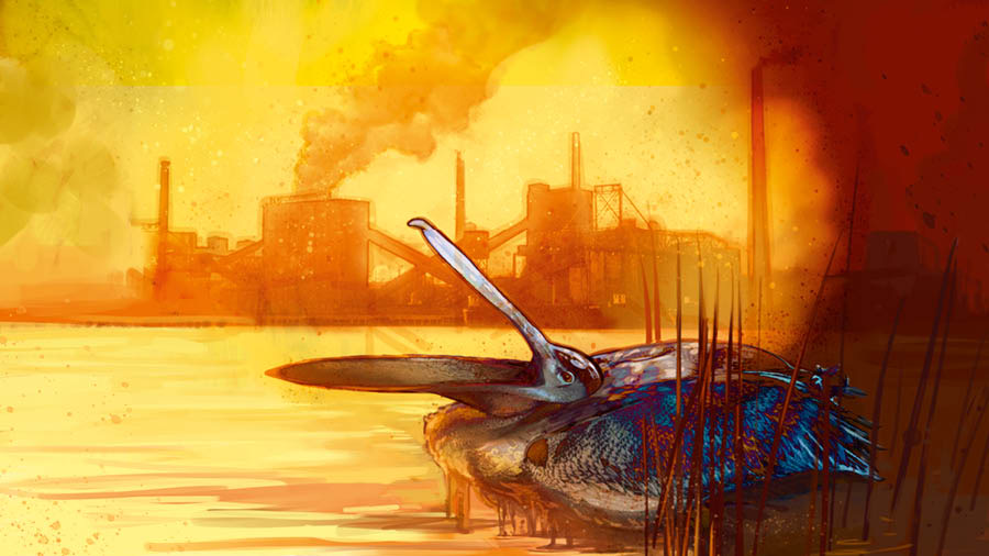 Industrial buildings polluting the environment. A bird covered in oil struggles.