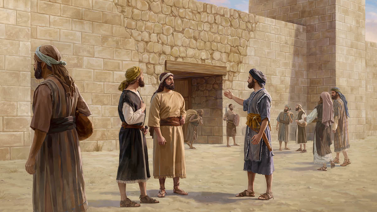 Nehemiah giving direction to two men outside a city gate in Jerusalem.