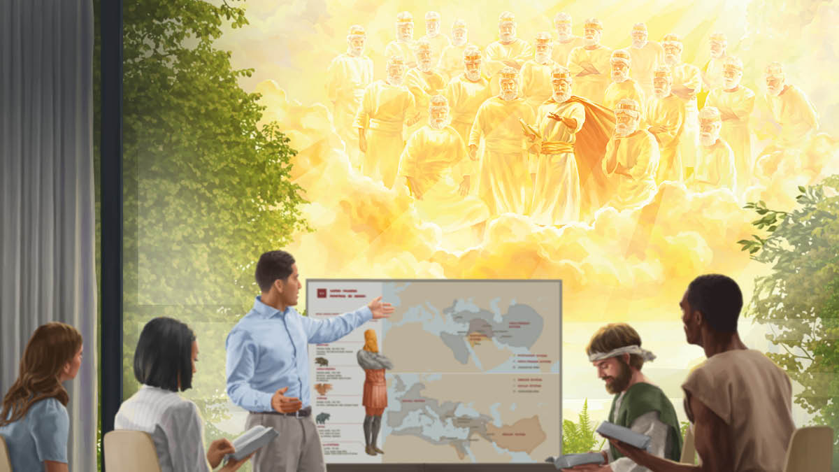The same scene from the preceding article shown from a different angle. Jesus and the 144,000 observing from heaven the brother teaching resurrected ones about the meaning of Nebuchadnezzar’s dream image in Daniel chapter 2.