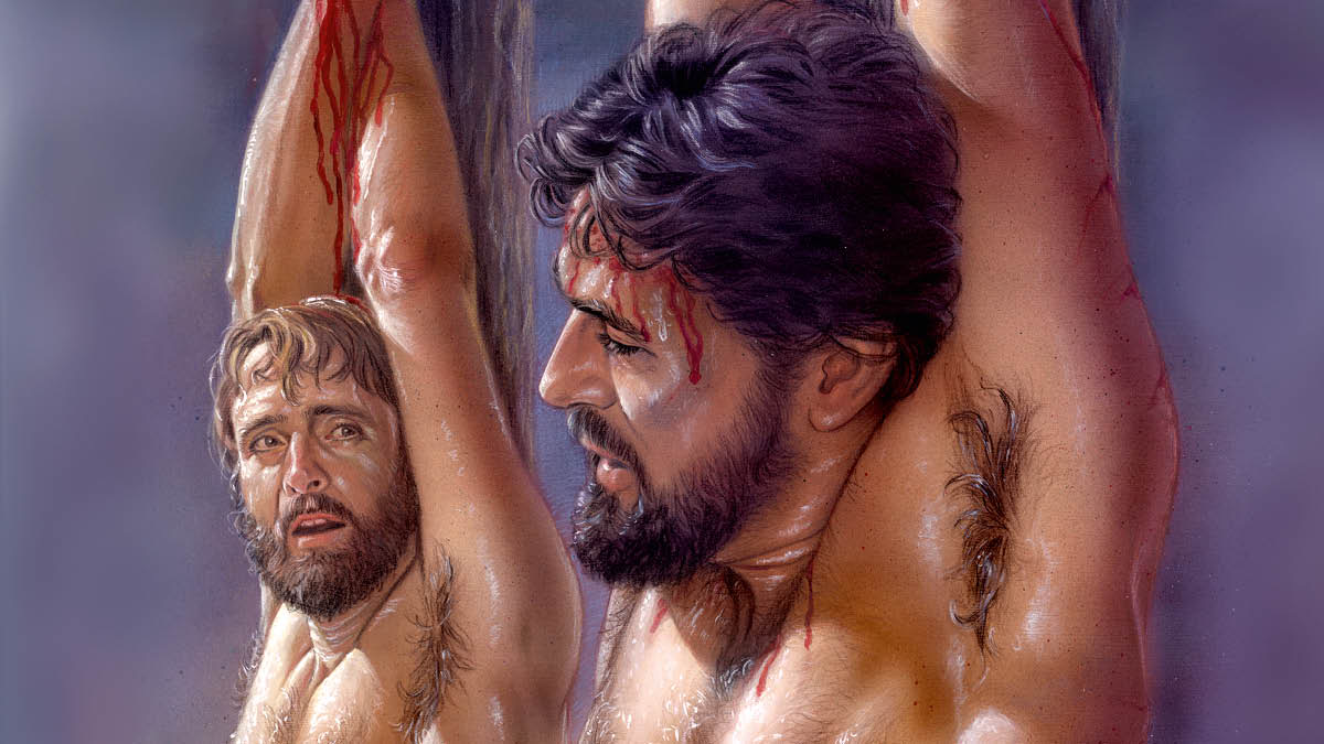 Jesus hanging on a torture stake. A criminal alongside him speaks to him.