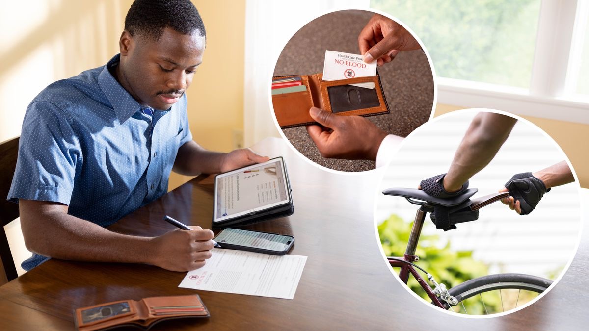 A brother filling out a durable power of attorney. The tablet beside him is open to lesson 39 of “Enjoy Life Forever!” Insets show him placing the document in his wallet and taking his wallet with him when he goes on a bike ride.