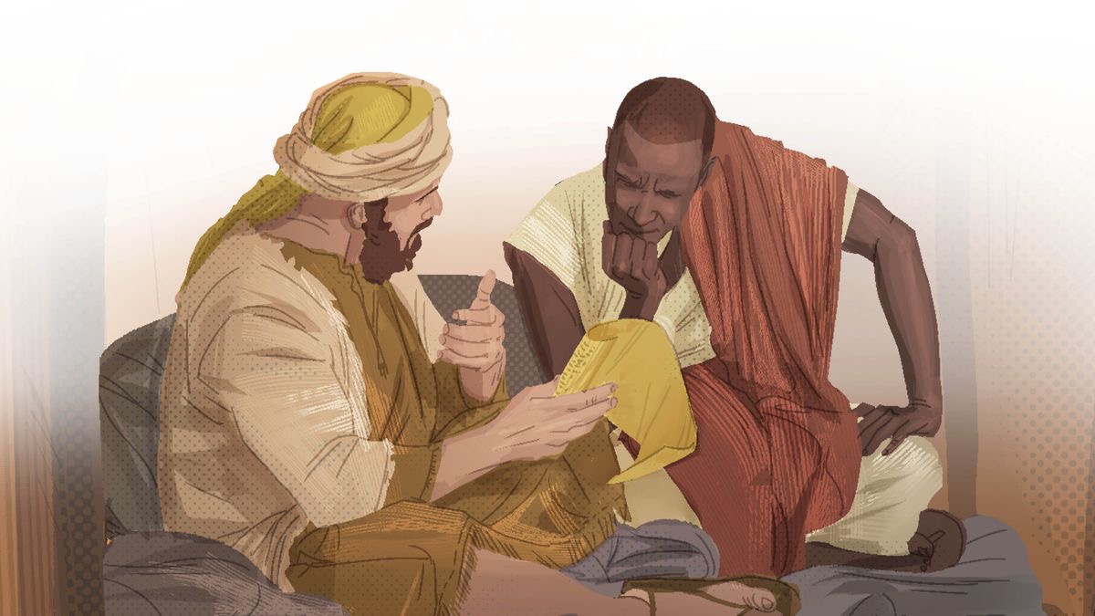 Philip the evangelizer explaining the Scriptures to the Ethiopian man.