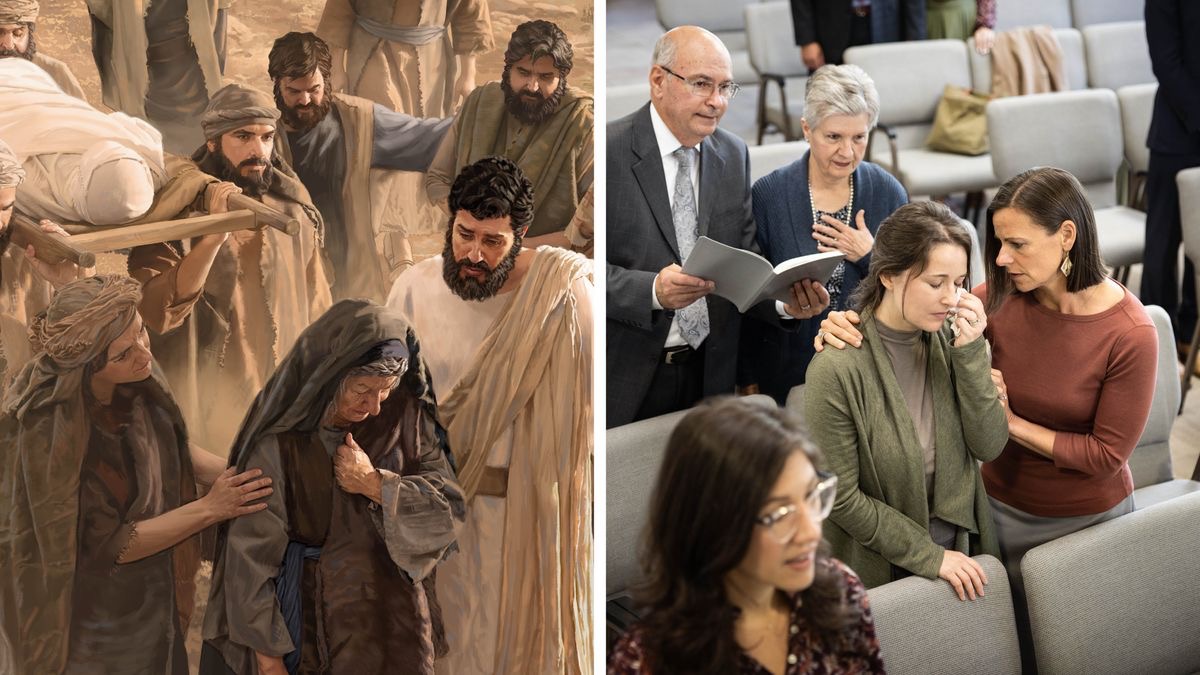 Collage: 1. Jesus comforts a grieving mother during a funeral procession. 2. A sister comforts a crying sister during a song at a congregation meeting.