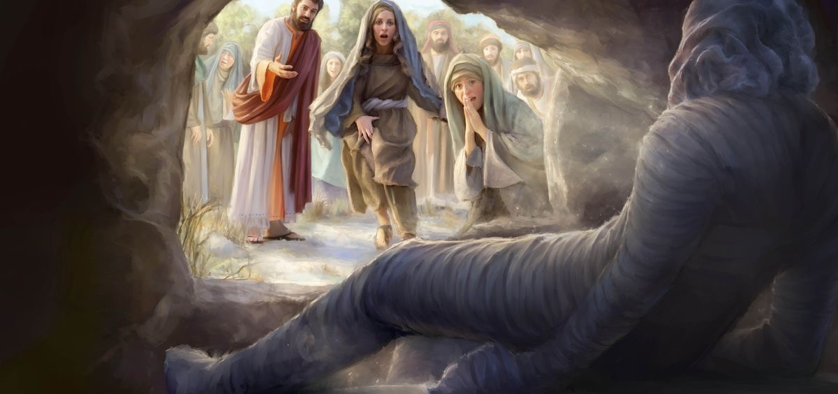 Jesus calling Lazarus, who is wrapped in burial cloths, to come out of the tomb. Martha, Mary, and others watch in amazement from outside the tomb.
