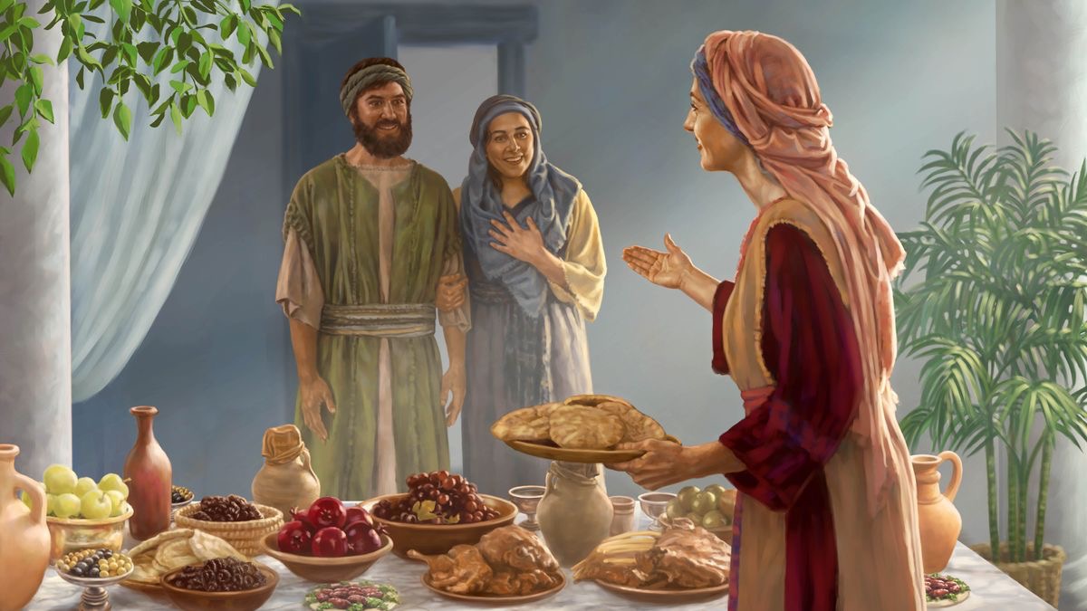A woman in ancient Israel, inviting a couple into her home and to eat from a healthful and appealing feast set before them.