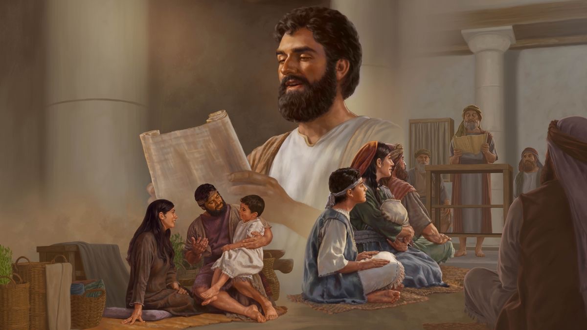 Collage: 1. As a child, Jesus listens as his parents talk to him. 2. Now older, young Jesus and his family listen intently to the reading of the Scriptures at a synagogue. 3. As an adult, Jesus reads from a scroll.
