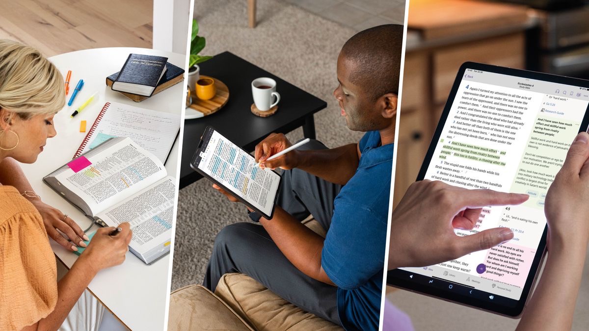 Collage: 1. A sister writes a note to place in her Bible. 2. A brother highlights and makes notes in an article he is studying on his tablet. 3. A sister highlights and makes notes in her Bible, using the “JW Library” app.