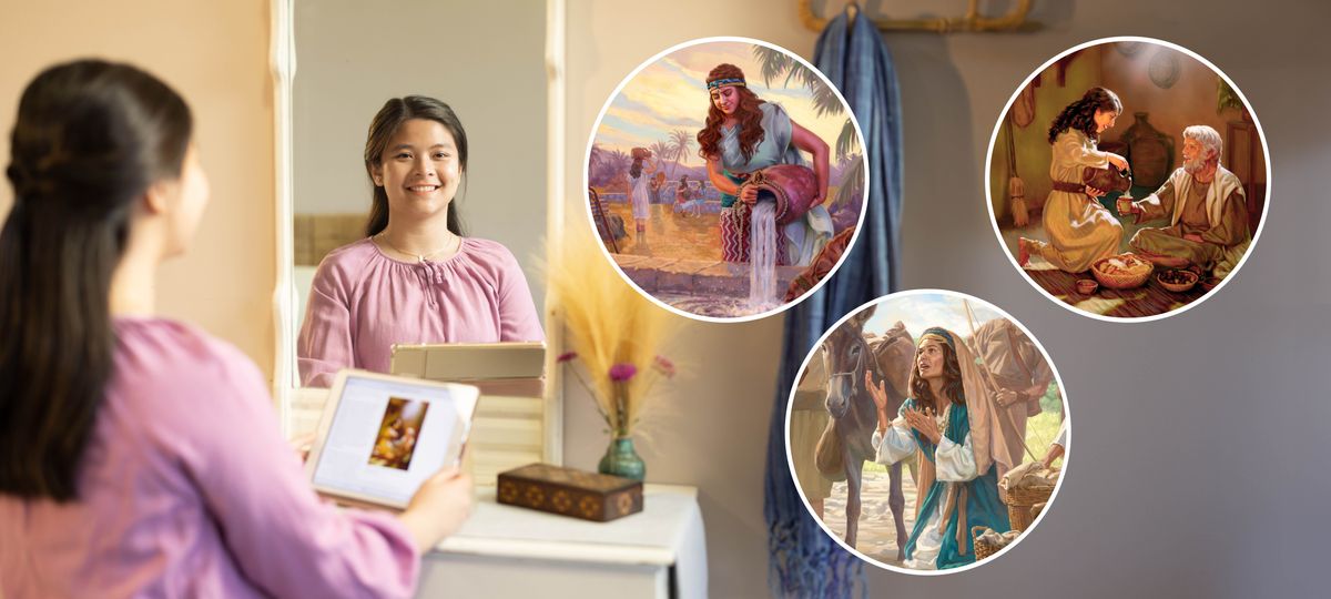 Collage: A young sister looking in her mirror and meditating on what she read in a Bible-based publication. Insets: 1. Rebekah pours water in a trough for a camel to drink. 2. Esther serves a meal to Mordecai. 3. Abigail kneels and pleads for her life and for the lives of all those in her household.