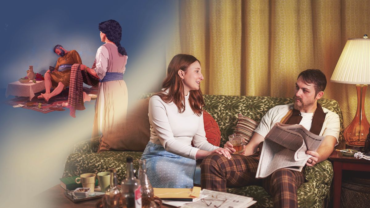 Collage: 1. Abigail brings a blanket to Nabal, who is fast asleep on a chair. 2. A sister speaks lovingly to her unbelieving husband on their sofa while he holds a newspaper and an alcoholic drink.