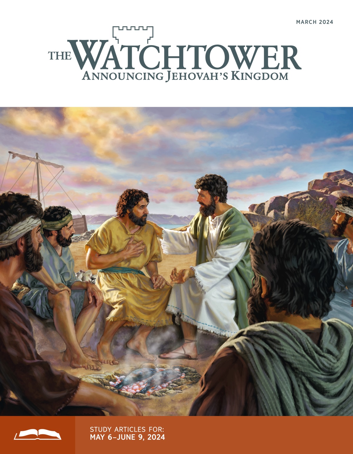 Jesus talking with Peter while fish are being cooked over a fire. Other apostles listen attentively.
