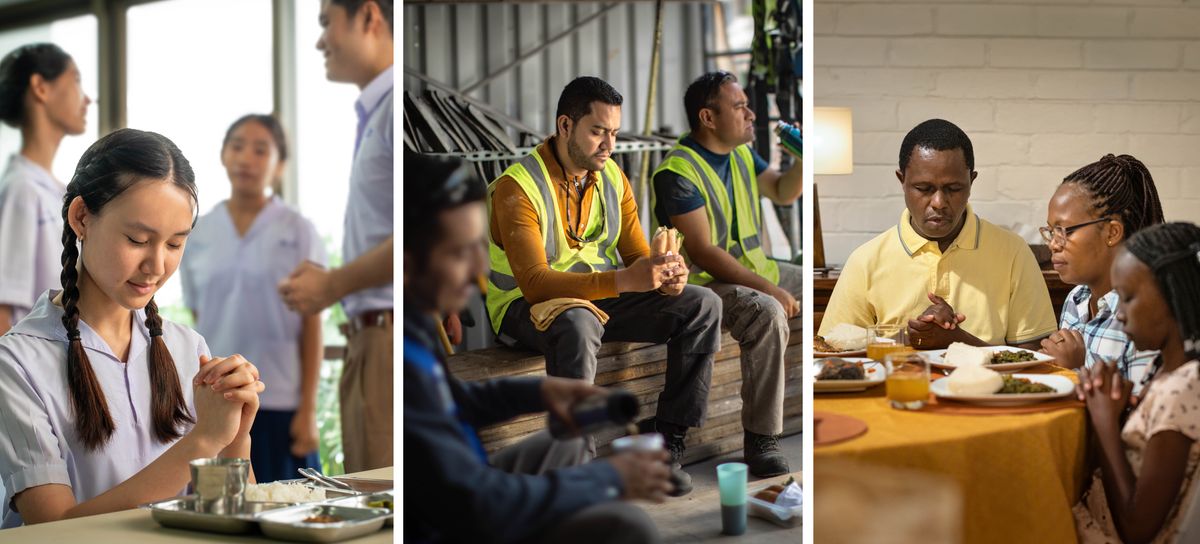 Collage: Brothers and sisters praying before they eat a meal. 1. A young sister in the school cafeteria while her schoolmates converse nearby. 2. A brother who works in construction, on his lunch break with his coworkers. 3. A father with his wife and daughter at their dining table.