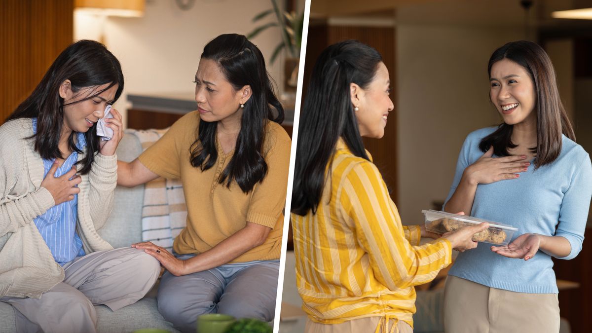 Collage: A sister comforting another sister. 1. She listens attentively while her friend tearfully expresses herself. 2. Later, she brings her friend homemade cookies.