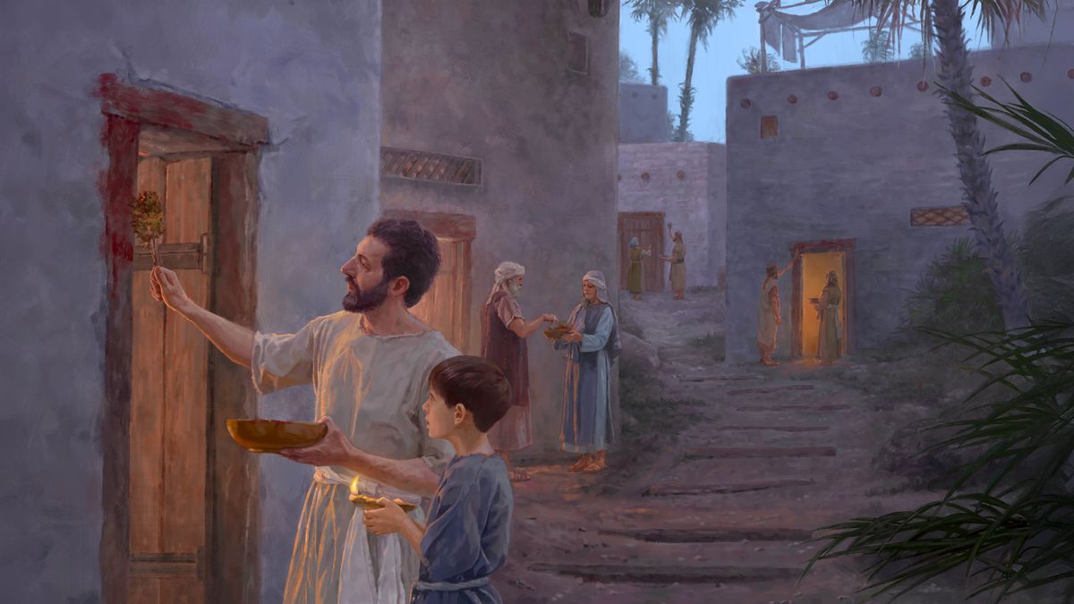 An Israelite father splashing blood on the doorpost while his son holds up a lamp. Other neighboring Israelites do the same.
