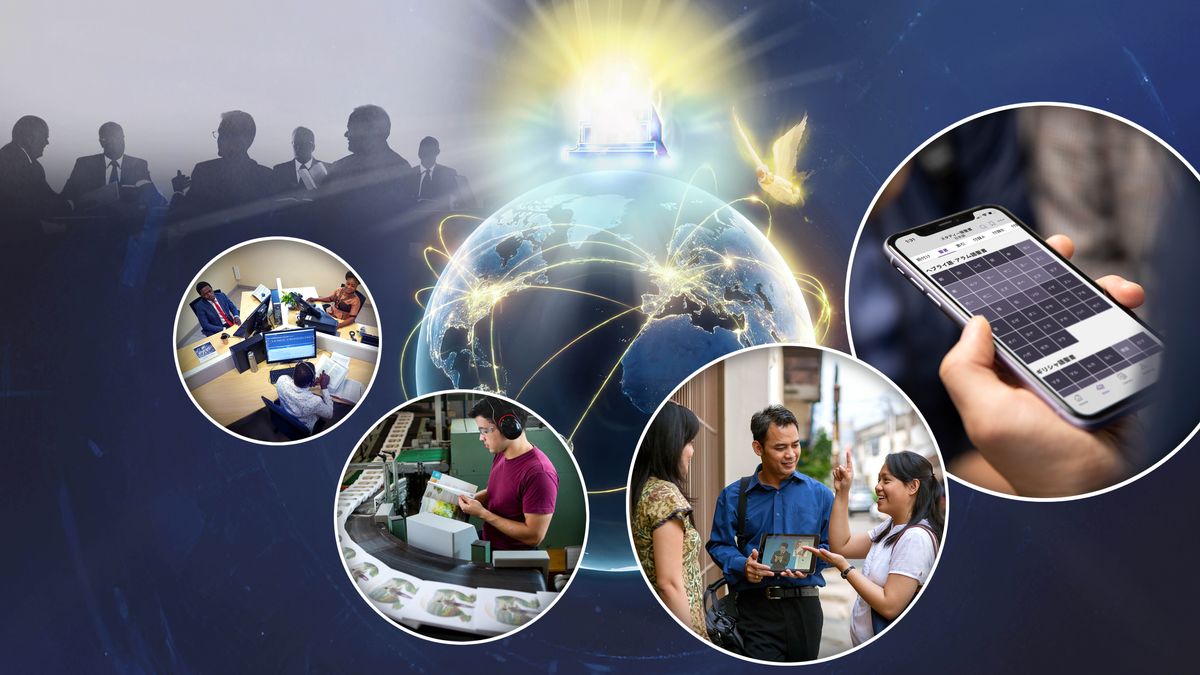 Collage: Theocratic activity around the world. 1. Jehovah sitting on his throne and an angel flying above the earth. 2. A silhouette of the Governing Body at a conference table. 3. A translation team. 4. A brother in a printery inspecting newly printed “Enjoy Life Forever” books. 5. A brother and sister showing a sign language video to a woman in the ministry. 6. A mobile phone displaying the JW Library app.