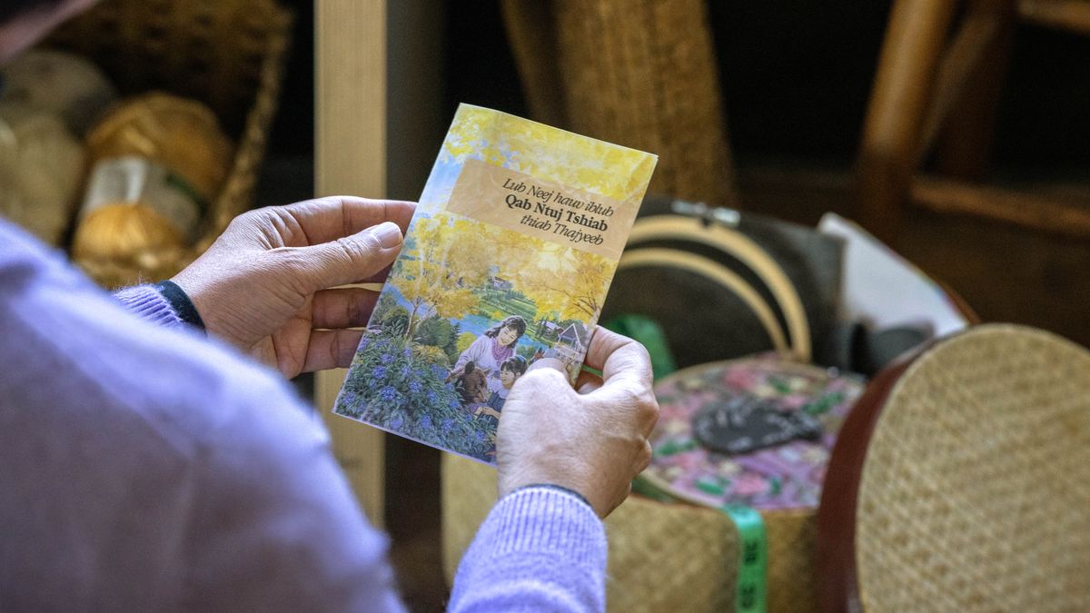 A woman holding a “Life in a Peaceful New World” tract in the Hmong language.