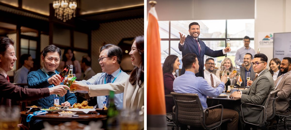 Collage: Brothers making personal choices about toasting, guided by their conscience. 1. A brother clinks glasses with workmates during a dinner to celebrate a company milestone. 2. A brother does not raise his glass as his employer proposes a toast and gestures toward a flag.