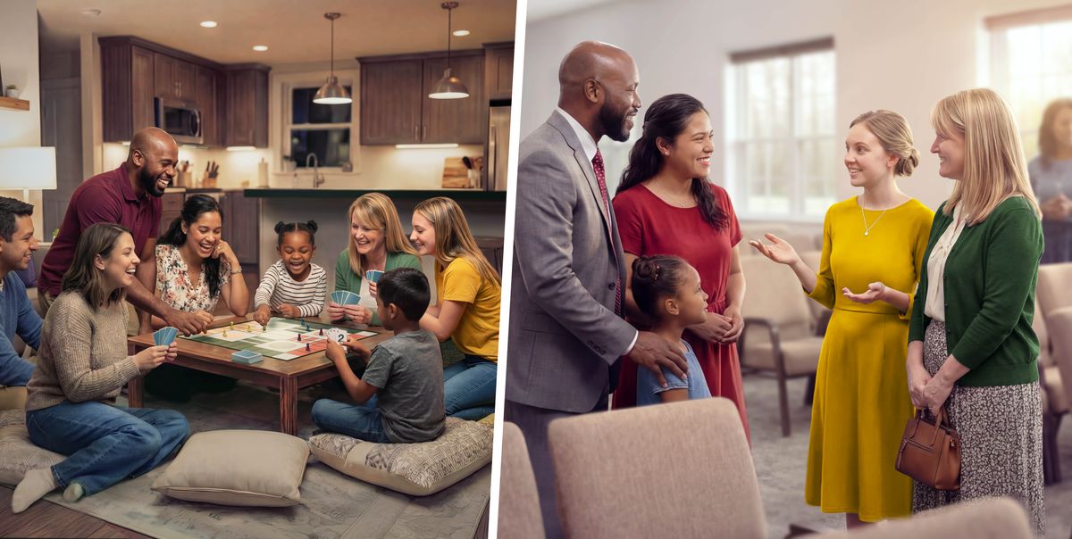 Collage: An elder makes time to be with those in the congregation. 1. An elder and his family play a board game with friends. 2. A sister and her daughter from the game night talk with the elder and his family at the Kingdom Hall.