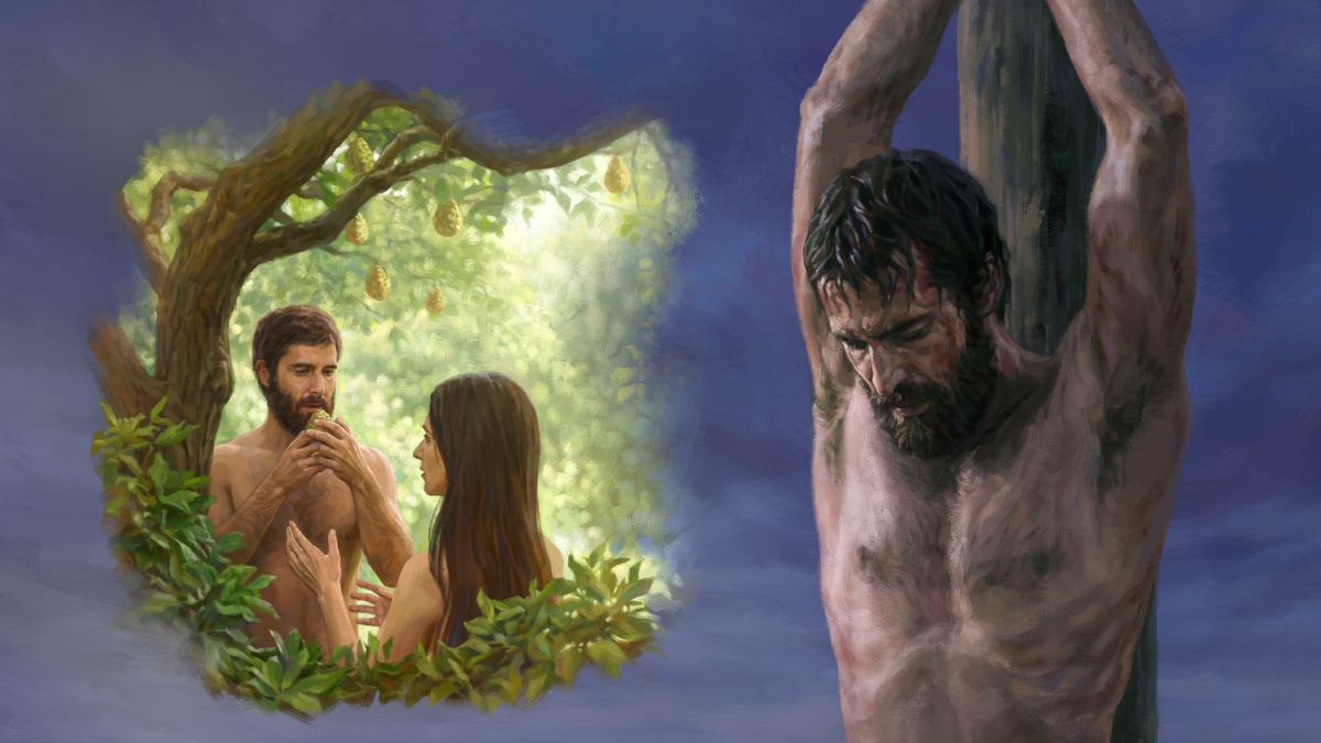 Collage: 1. Adam eats the forbidden fruit as Eve watches. 2. Jesus hanging on the torture stake.