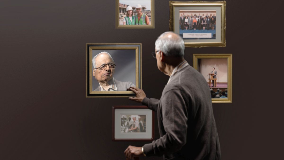 An elderly brother looks into a mirror that distorts his reflection. Older photos hanging near the mirror show him participating in theocratic construction, attending pioneer school, giving a talk on a theocratic program, and working in a kitchen with two brothers.