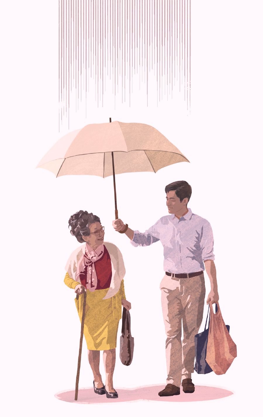 A man shares his umbrella with an elderly woman