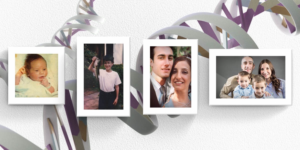 Photos of a man as an infant, as a boy, at his wedding, and with his wife and children