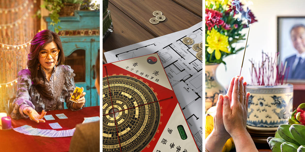 Collage: 1. A fortune-teller reads tarot cards for a customer. 2. A feng shui compass and the floor plan of a house. 3. Someone offers food, flowers, and incense to a deceased ancestor.