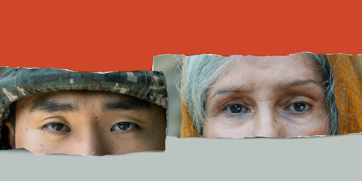 Collage: 1. A torn photograph showing the upper half of a soldier’s face. 2. A torn photograph showing the upper half of an older woman’s face.