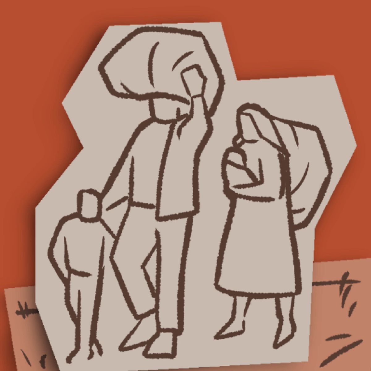 An icon of a family carrying large bags full of their belongings.