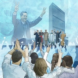 Leaders announcing peace to crowds of people