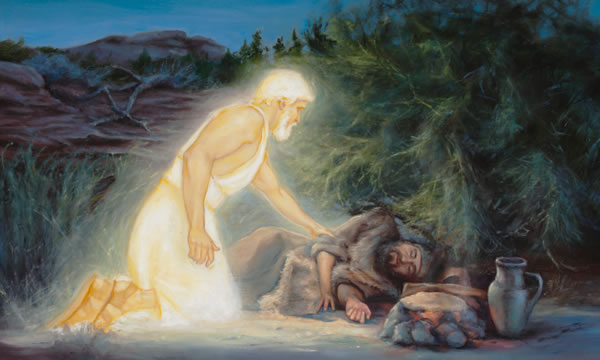 An angel waking up the prophet Elijah