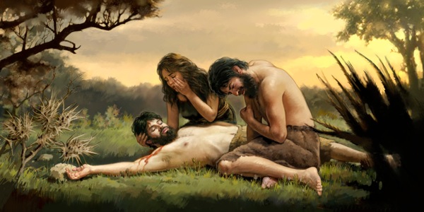 Adam and Eve grieve as they look at their dead son Abel