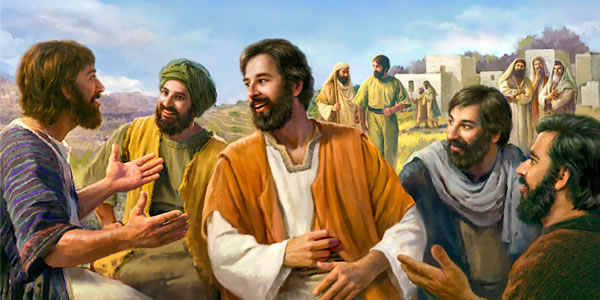 Jesus smiles brightly as the 70 return with joy and relate experiences; the scribes and Pharisees murmur in the background