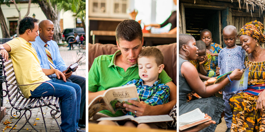 1. A Christian brother witnesses to a man on a park bench; 2. A father reads the Bible Stories book to his little boy; 3. A Christian sister teaches others about Jehovah