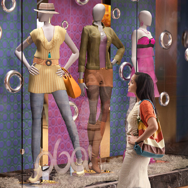 A Christian woman looks at worldly fashions on display in a store window