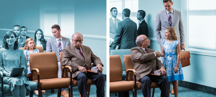 A father encourages his daughter to greet a brother who is sitting alone
