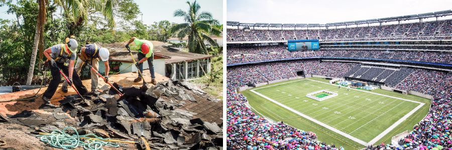 Kingdom Hall construction project; an international convention in a large stadium