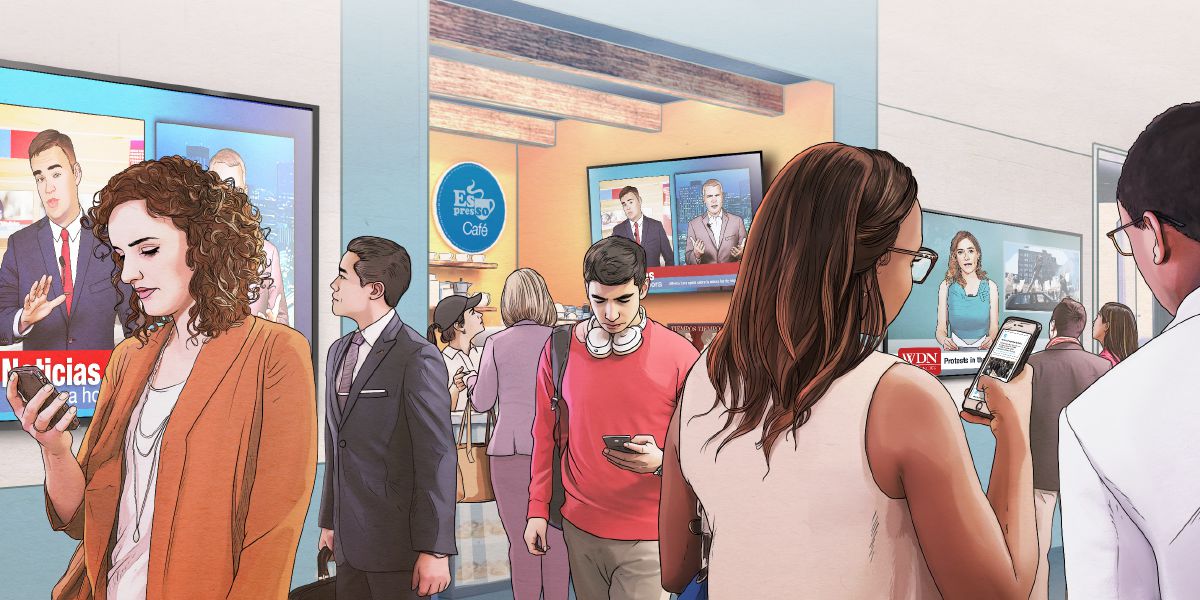 People getting information from TV and their mobile devices