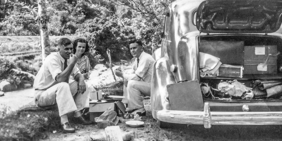 Henry Cockman with Jean and Clem Deschamp in Sumatra (1940)
