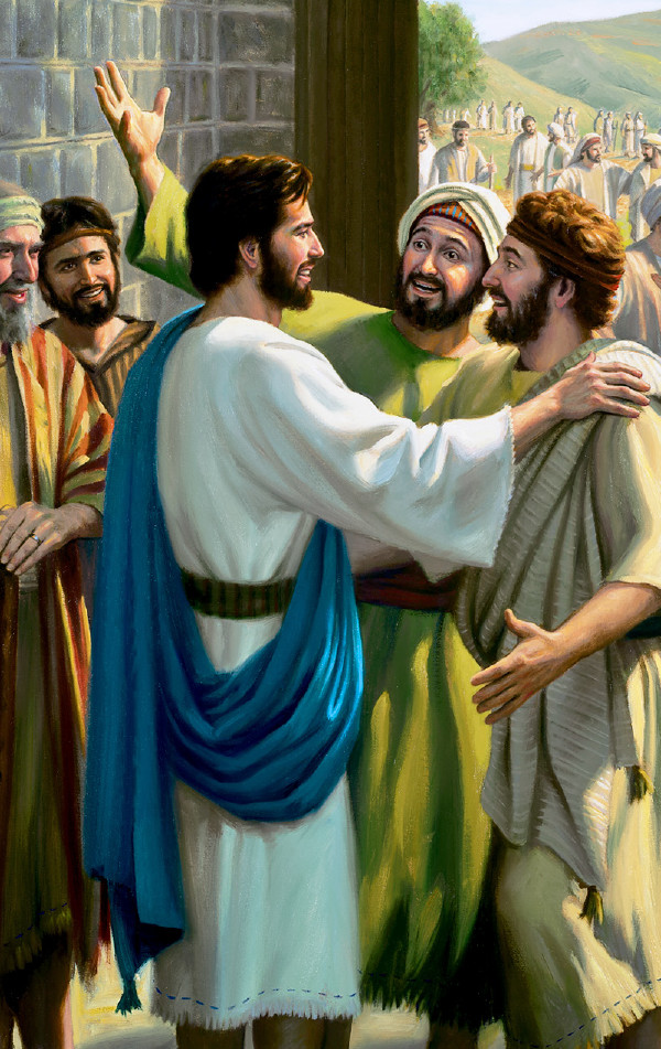 Algunos discípulos de Jesús contándole a él muy felices lo bien que les fue en la predicación.