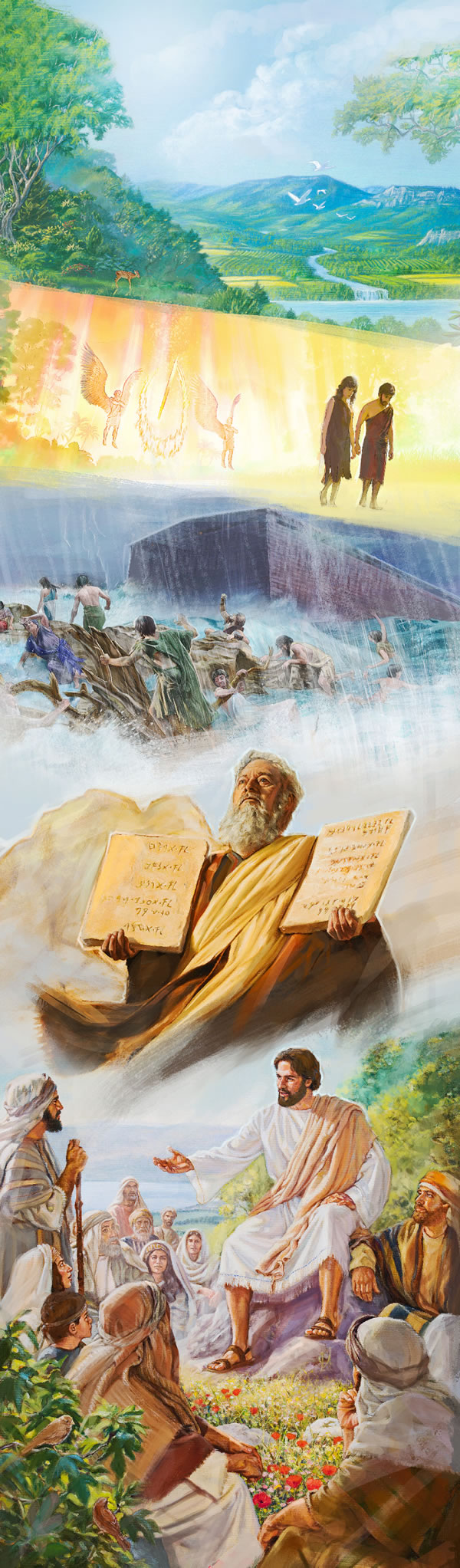 El Paraíso original, Adán y Eva echados del Paraíso, el Diluvio de los días de Noé, Moisés con los Diez Mandamientos y Jesús enseñando a otros